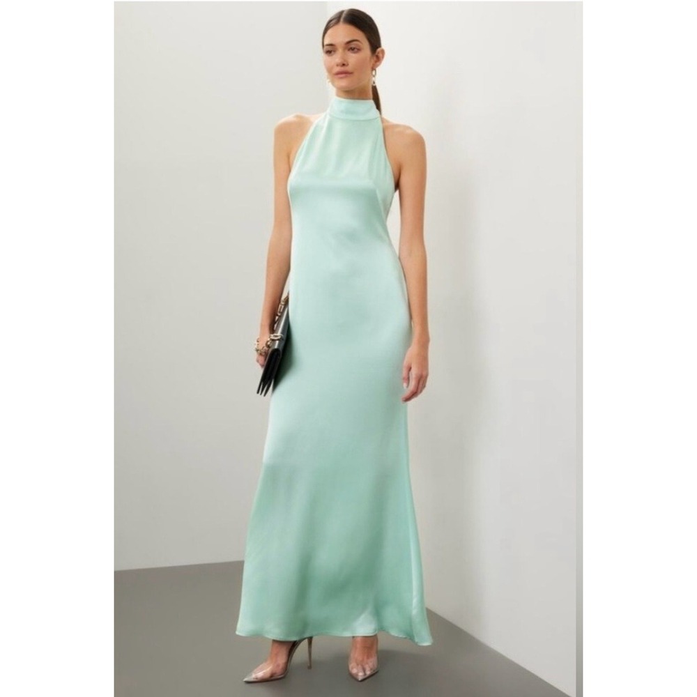 Sally Lapointe Dress Womens 0 Blue Green Maxi Satin High Neck Halter Open Back